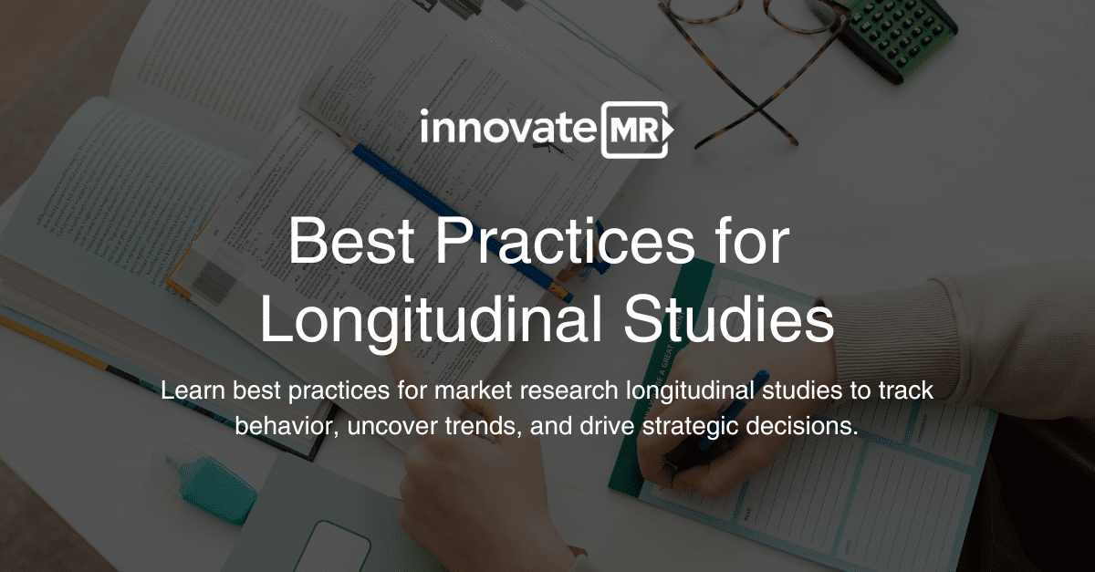 A person is taking notes from a book next to a calculator, with text that says "innovateMR Best Practices for Longitudinal Studies" and information about market research data collection.