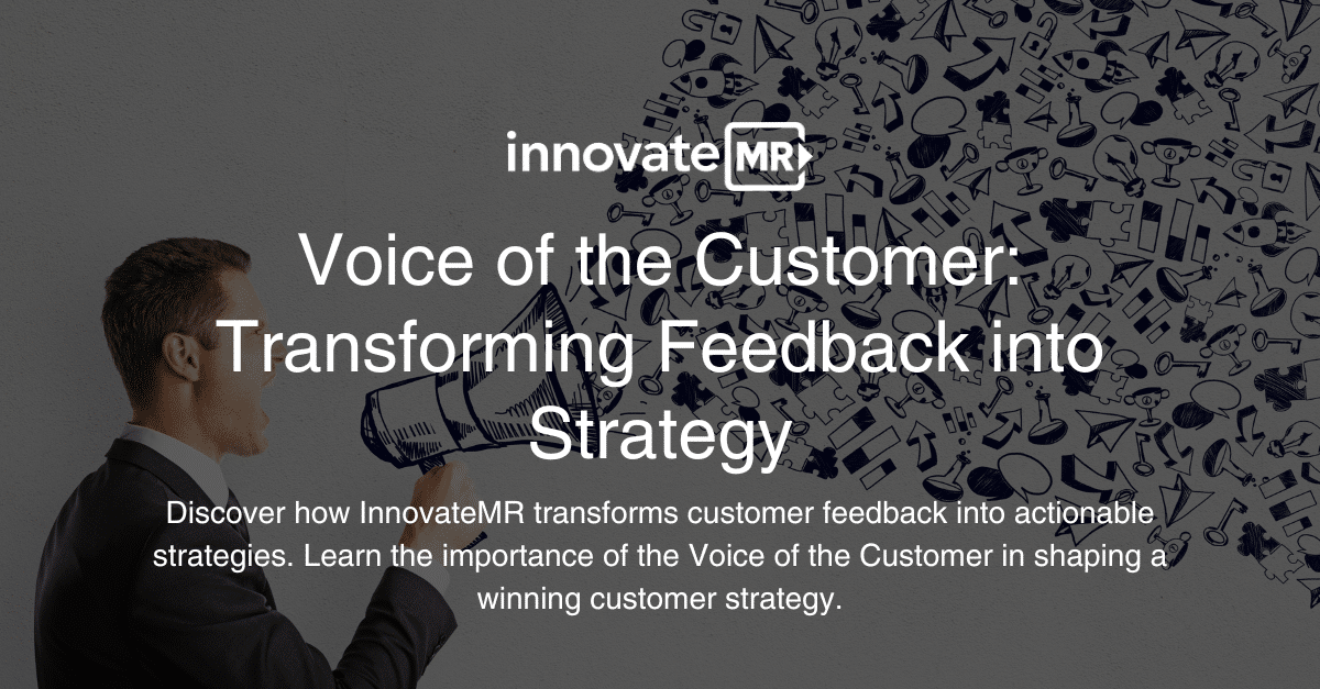 A person speaks into a megaphone with numerous icons such as thumbs-up and gears emerging from it. Text reads, "Voice of the Customer: Transforming Feedback into Strategy" by InnovateMR, featuring insights from survey programmers and market research experts.