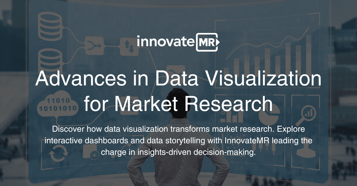 A person stands in front of a transparent screen displaying data visualizations and analytics dashboards, with the text "Advances in Data Visualization for Market Research" by InnovateMR. The scene highlights the integration of effective data collection techniques and innovative market research strategies.