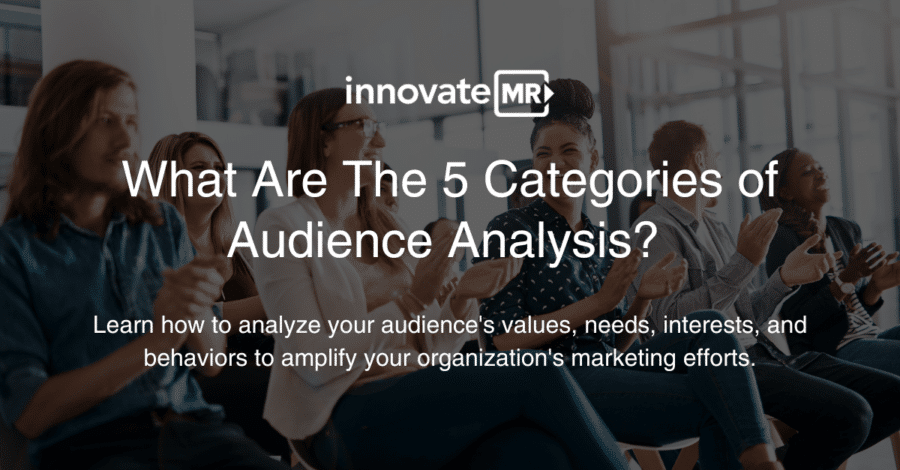 A diverse group of people sitting and clapping in a bright room. Text overlay reads: "What Are The 5 Categories of Audience Analysis?", promoting a guide on audience analysis for market research.